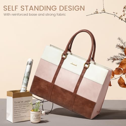 LOVEVOOK Laptop Bag for Women, 15.6 Inch Laptop Tote Bag, Vintage Leather Work Bags for Women, Waterproof Computer bag with Clutch Purse, Large Capacity Briefcase, Business Office Bag | Two-piece set - color: Brown - Pink - Beige, size: 15.6 inch
