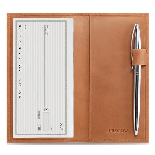 HISCOW Leather Checkbook Cover for Duplicate Checks with Pen Holder - color: Vintage Brown