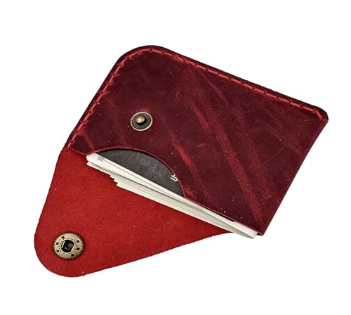 Handmade Genuine Leather Card Holder with Snap Closure - Ultra Slim Minimalist Wallet, Hand-Stitched Compact Front Pocket Card Case (Red) - color: Red
