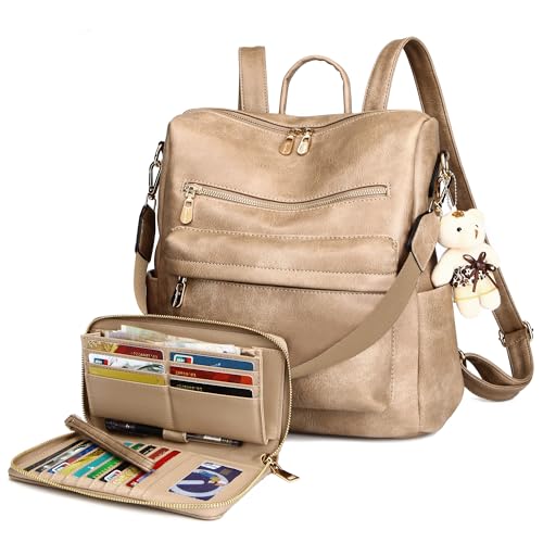 Soperwillton Women Backpack Purse Shoulder Handbags Travel Bag Set 2pcs | Soft PU Leather,Large Capacity,Many Pockets,with a Functional Wallet,with a Detachable Shoulder Strap,Multipurpose Design - color: Z-sand