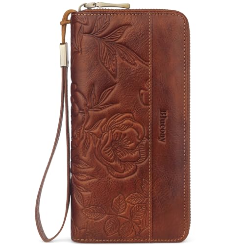 Leather Long Wallet Women With Wristlet,RFID Blocking Embossedbrown - color: a6-embossed brown
