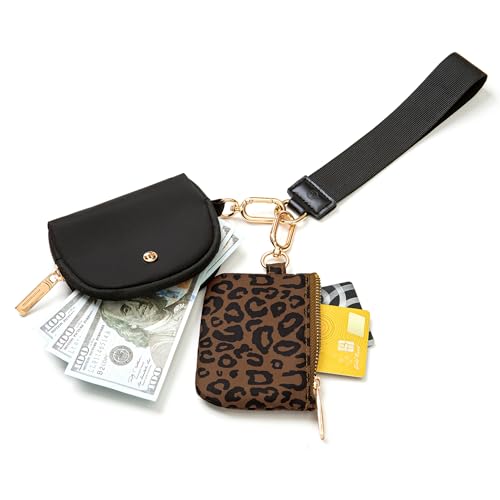 Mum's Memory Mini Zip Around Wristlet Wallets for Women -KeyChain Wallet with Detachable Dual Pouch Wristlet -Key Chain Coin Purse Small Wallets - color: Brown leopard