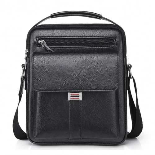 Crossbody Bag for Men, PU Leather Shoulder Messenger Bag with Handle - color: Deep Black