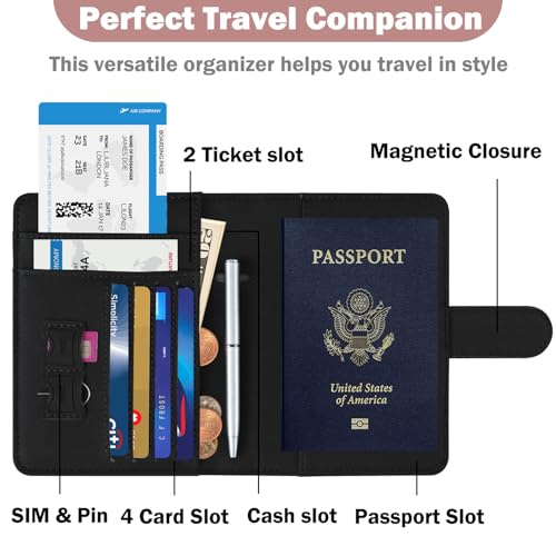 HOTCOOL Passport Holder Travel Essentials Airplane & Cruise Essentials Ship Leather Wallet Cover Case RFID Blocking Women & Men Vacation Travel Accessories Gifts Deals, Litchi - Black - color: A Litchi Black