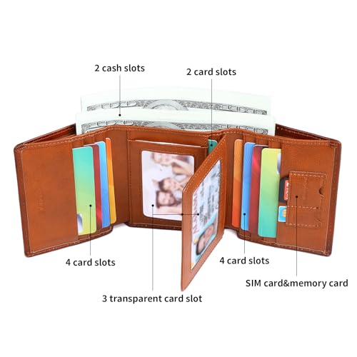 Trifold Wallets for Men Genuine Leather Large Capacity RFID Blocking, Includes Id Window and Credit Card Holder,Mens Wallets Leather (Brown) - color: Brown