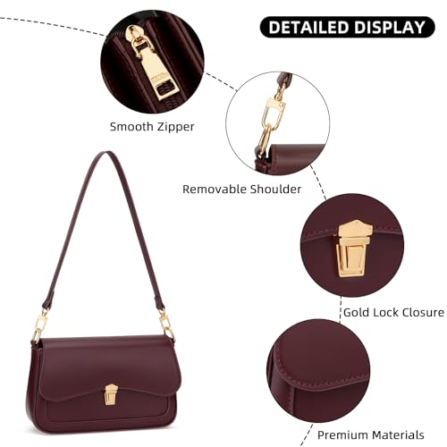 KKXIU Small Shoulder Bag for Women Cute Hobo Handbags Mini Clutch Purses | Classic Trendy Retro Underarm Crossbody Bag with Detachable Straps, Zipper Closure - color: Burgundy