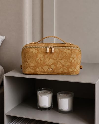 EACHY Makeup Bag, Waterproof PU Leather Travel Toiletry Bag for Women, 180° Wide-Open Flat Cosmetic Bag, Large Capacity Makeup Pouch with Divider and Handle - color: CF-Yellow Print, size: Medium