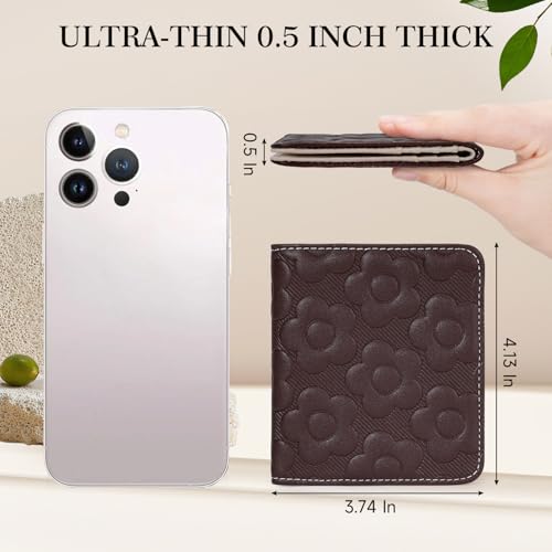 Small Wallet Women Slim RFID Leather Bifold Wallet Embossed Design | Compact design with ID window, card slots, and zipper coin pocket, ideal for daily travel, shopping, and gifts - color: 08-Coffee