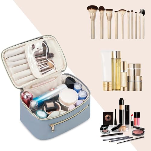 Wandering Nature Makeup Bag, Travel Make Up Organizer Cosmetic Brush Bags Case for Women in Vegan Leather, Grayish Blue, Patent Pending | Portable Make Up Essentials Organizer, Brush Bags for Skincare Cosmetic Lipstick, Eco Vegan Leather, Grayish Blue - c