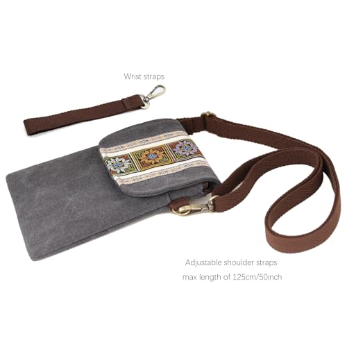 SILKAREA Vintage Embroidered Canvas Flip Small Crossbody Bag Cell Phone Pouch for Women Wristlet Wallet Bag Coin Purse - color: Grayish Blue