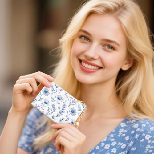 Blue Flower Keychain Coin Purse for Women, Small Change Pouch | Zipper Key Chain Purse, Little Tiny Zip Pocket, PU Leather, Travel Wallet for Girls, Cute Coin Holder, Key Ring, Women Gifts - color: Abstract Blue Flower