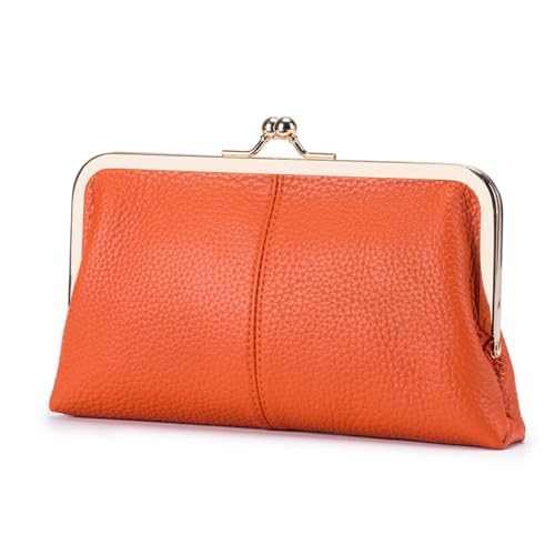 Genuine Leather Long Kiss Lock Wallet for Women – RFID Blocking Handheld Clutch Purse with 8 Card Slots, Money Clip, Zipper Coin Pocket for Travel, Work, Everyday Use – Gift for Her (Orange) - color: Orange
