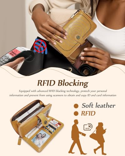 TFKGS Wallet for Women RFID Blocking Leather Large Capacity Card Holder Ladies Phone Clutch Travel Long Purse Wristlet | RFID Blocking - color: 1-Yellow