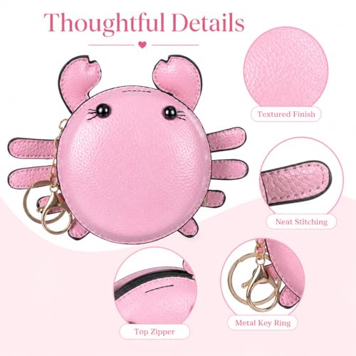 Crab Coin Purse Keychain Bag - Cat Change Pouch Small Cute Wallet Charms - color: A-pink