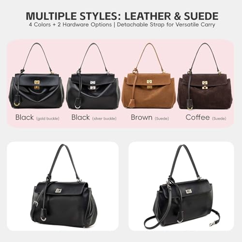 Suede & Leather Tote Bag for Women,Soft Leather Shoulder Handbags for Ladies,Satchel Purse for Travel Work - color: S Black & Silver Clasp