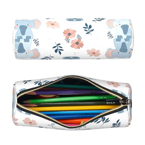 OSAM SPACE Leather Pencil Case Round Pencil Bag Cute Elephant Flowers Pen Organizer Holder Portable Zipper Pouch Cute School Supplies for Girls Boys Study Office - color: Cute Elephant Flowers