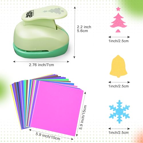 Hole Punch 1 Inch Craft Christmas Snowflakes Bells Shapes with 30PCS Paper | Hole Puncher for Crafts Set with Craft Paper Cardstock, Mix Shape Designs Hole Puncher for Kids for Crafting Scrapbooking - style: 3 Diffrent Shapes Punch & 30 Craft paper