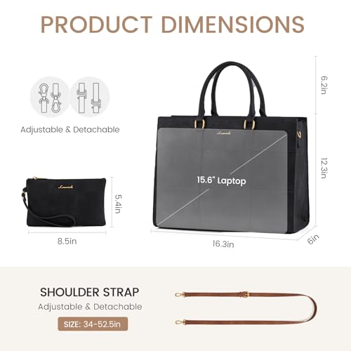 LOVEVOOK Laptop Bag for Women 15.6 Inch Laptop Tote Bag Vintage Leather Work Bags for Women Professional Computer bag | Two-piece set - color: Black, size: 15.6 inch