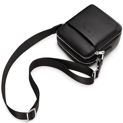 Black Leather Crossbody Bag for Men, Small Satchel Bag | First layer cowhide, lychee patterned soft calf leather, small messenger bag for work and leisure