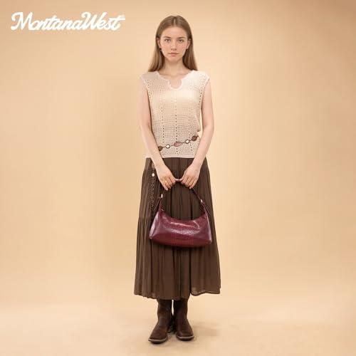 Montana West MEDIUM Shoulder Purses for Women Crescent Hobo Bags Trendy Purses - color: Crocodile Burgundy Red