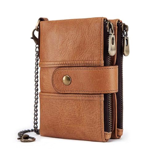 boshiho Genuine Leather Bifold Chain Wallet for Men RFID Blocking - color: Tan
