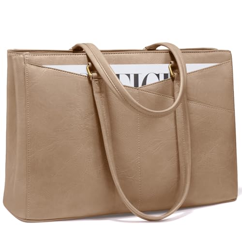 LOVEVOOK Laptop Tote Bag for Women,Leather Work Computer Briefcase Bag - color: Tukhaki-laptop Bag, size: 15.6 inch