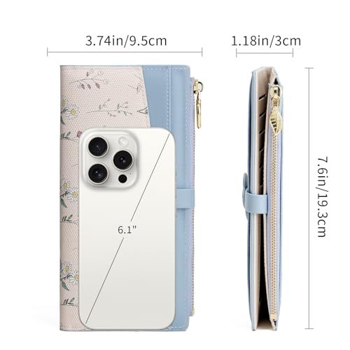 GAEKEAO Womens Wallet Slim Thin RFID Blocking Bifold Floral Vegan Leather Card Holder Large Capacity Wallet with Zipper Pocket - color: Y-Blue