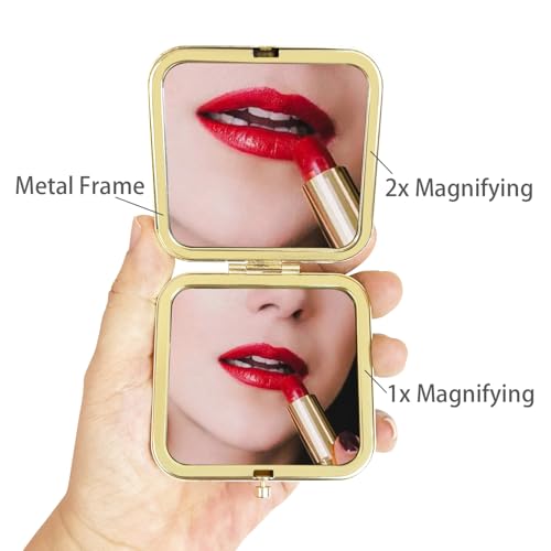 Small Compact Mirror, Gold Square 2.8”×2.8” Metal Frame Smooth Style Double Sided Mini Magnifying 1X/2X Mirror for Purse Can be Used as Gifts for Woman (Gd01) - color: Gold01