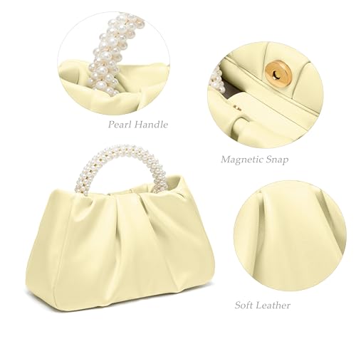 Beatfull Evening Bags for Women Wedding Party Pearl Clutch Purse | Pearl, Ruched Soft Leather, Small Handbag for Prom, Bridal Clutch - color: Creamy Yellow