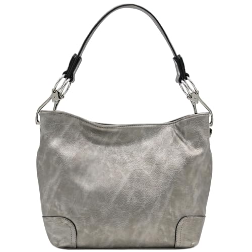 Hobo Shoulder Bag with Big Snap Hook Hardware - color: Dark Silver-metallic