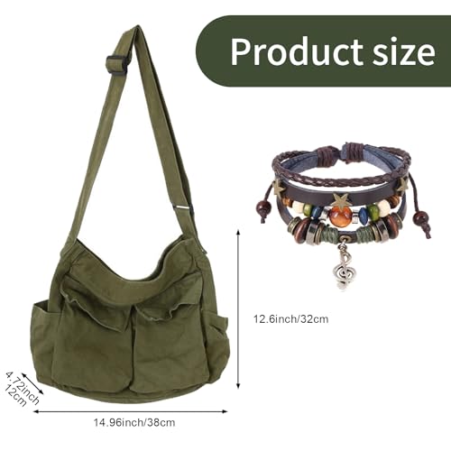 Canvas Messenger Bag for Women, Grunge Bag with Fairy Grunge Bracelet, Crossbody Bag with Bracelets Fairy Grunge Clothes - color: Military Green
