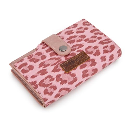 Wrangler Wallet for Women Bifold Card Holder with Zipper and ID Window - color: Leopard Print-Pink