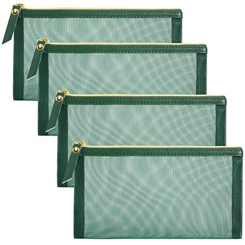 Mesh Cosmetic Bag, 4pcs Nylon Makeup Pouches with Leather Pull and Golden Zipper for Purse Diaper Bag (Emerald Green) - size: Flat