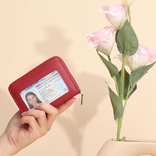 SENDEFN Leather Wallet Women RFID Blocking Small Compact Wallets Credit Card Holder with ID Window - color: A-Red