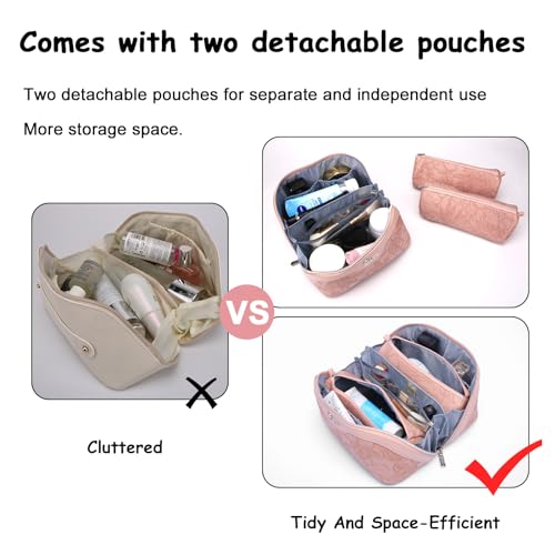 BOYATU Travel Makeup Bags Cosmetic Organizer Bag: 3-Set Make up Bag | Large Capacity PU Leather Toiletry Bags for Women - Wide Open Portable Pouch with Divider & Handle(01-Z-Pink) - color: 01-Z-Pink