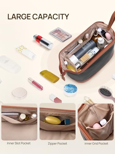 Telena Makeup Bag Large Capacity Travel Cosmetic Bag Portable PU Leather | Cosmetic Bags for Women Large Capacity With Handle and Divider Open Lay Flat - color: 3-Black with Brown