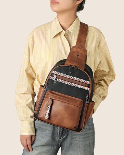 Large Sling Bag for Women, Designer 10L Leather Crossbody Purse | Anti Theft Sling Backpack, RFID Fanny Packs for Travel, Ideal for Vacation Walking Daily Errands - color: Retro Black With Brown