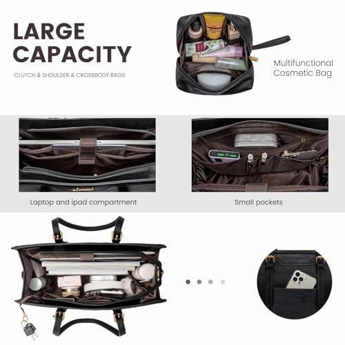 LOVEVOOK Laptop Bag for Women Vintage Leather Laptop Tote 17.3 inch Large Capacity Computer bag with Clutch Purse for Work - color: Black, size: 17.3 inch