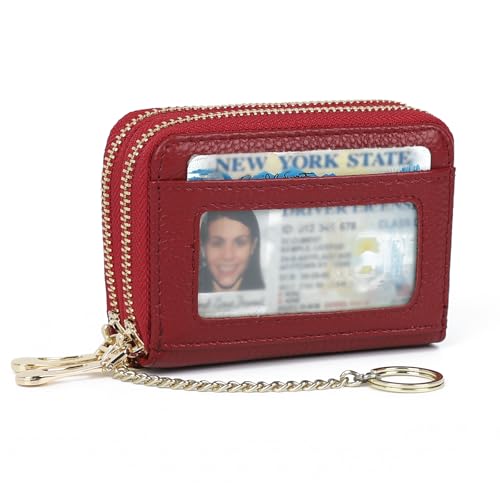 imeetu Rfid Credit Card Holder, Businese Card Case, Wallet for Women Men | Genuine Leather Card Wallet with id Window, Keychain & Double Zipper, Water-resistan Small Wallet with Gift Box, Daily Travel - color: Max - Red