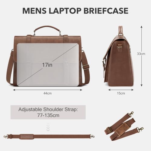 RAINSMORE Messenger Bag for Men 17 Inch Vintage PU Laptop Briefcase, Brown | Large Capacity Work Bag with Magnetic Flap, Water-Resistant PU Leather, 3-Way Carry for Office, Business Travel & College - color: Brown
