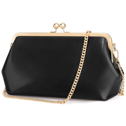 Women's Kiss Lock Bag Evening Clutch Purses Kiss Clasp Crossbody Bag Handbag Formal Evening Purse Messenger - color: Black