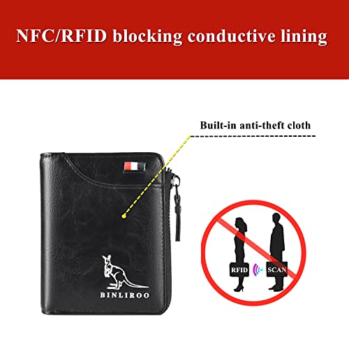 Leather Wallet for Men with zipper, RFID blocking bifold wallets with Separate ID Card window Cartera Para Hombre(black) - color: black