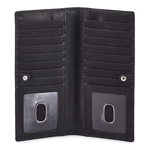 Long Wallet for Men Women Leather Slim Bifold RFID Blocking Card Holder | Real Top Grain Leather, Stylish 18 Credit Card Slots, 2 ID Windows, 2 Currency Sleeves, Gift Box, (Black, Crazy Horse) - color: Black Crazy Horse