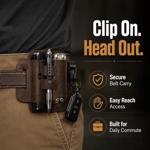 Leather Multitool Sheath for Belt – EDC Pouch & Leather with Flashlight Holder,Pen Loop & Keychain Clip –Multi Tool Holster Pouch for Men,Gift - color: Brown