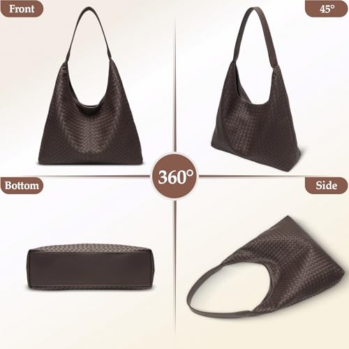 Woven Textured Vegan Leather Hobo Tote Bag Large Slouchy Purse for Women | Trendy work handbag with magnetic closure and interior pockets. Chic aesthetic satchel ideal to carry daily travel essentials - color: Coffee