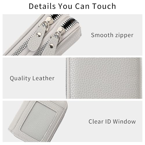 RNIEGA Credit Card Holder Wallet RFID Blocking Leather Small Wallet for Women Double Zipper Wallet with ID Window - color: A-Grey