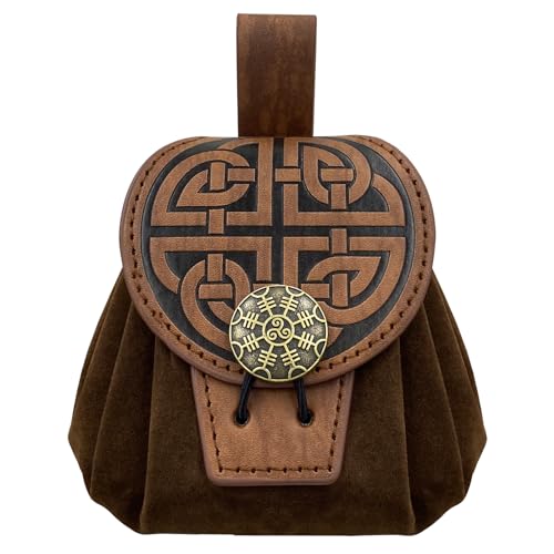 HiiFeuer Medieval Embossed Belt Pouch, Faux Leather Coin Dice Bag | Unisex, Halloween, Ren Faire, LARP,Drawstring Desig, pirate bag, Embossed Pattern,coin pouch,viking cosplay - color: Brown C