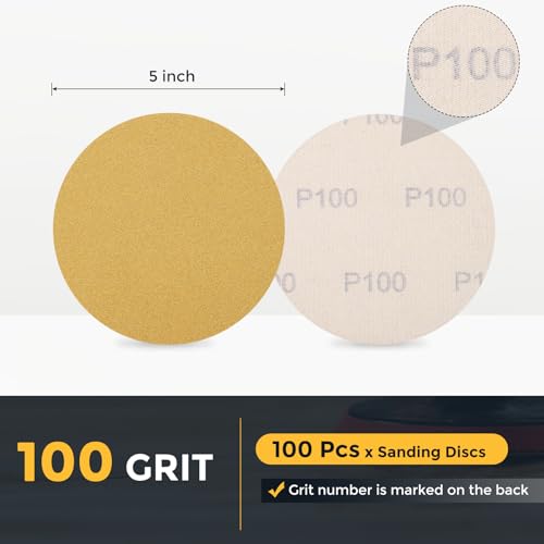 HARFINGTON 100 Pcs 5 Inch Sanding Discs 100 Grit Yellow Aluminum Oxide - size: 5 Inch(100 Grit)