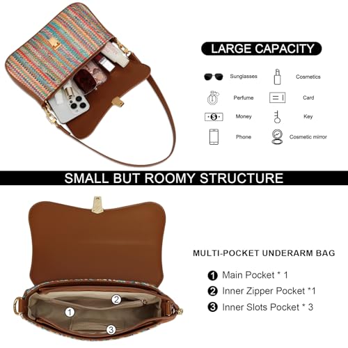 KKXIU Small Shoulder Bag for Women Cute Hobo Handbags Mini Clutch Purses | Classic Trendy Retro Underarm Crossbody Bag with Detachable Straps, Zipper Closure - color: Straw Weave-colorful