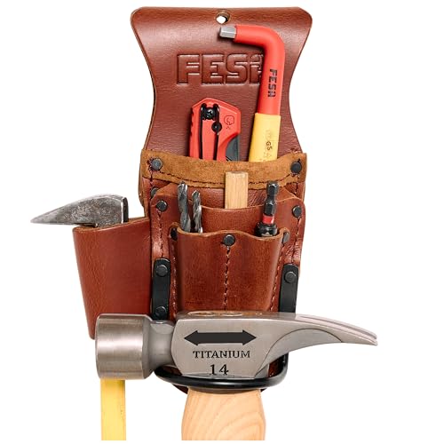 FESA Tool Belt Hammer Holder - Leather Multitool, Pliers & Hammer Holster with Pockets for Drill Bits or Markers - Heavy Duty Small Tool Pouch for Carpenters - Clip On Any Belt - Handcrafted - color: Cherry